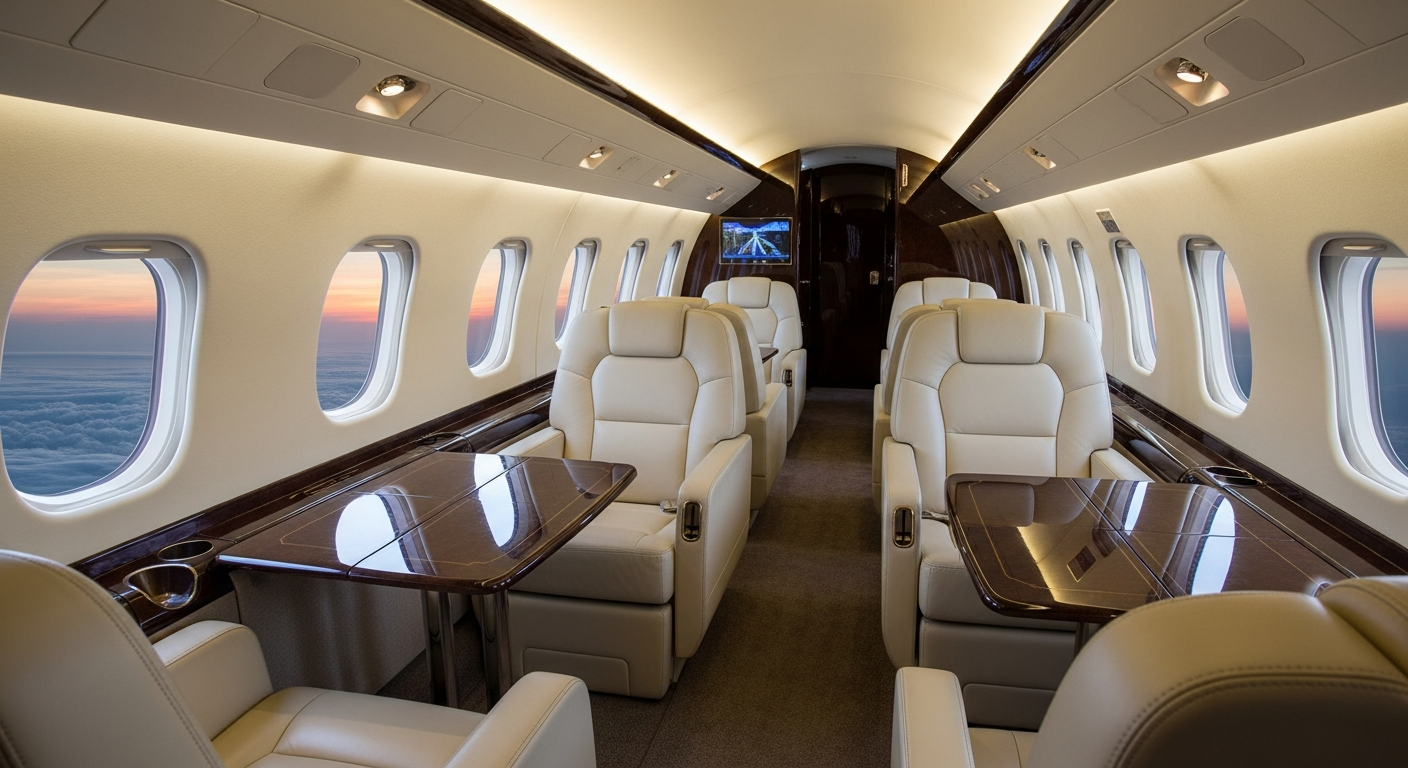 Luxury private jet cabin interior with cream leather seats and warm lighting