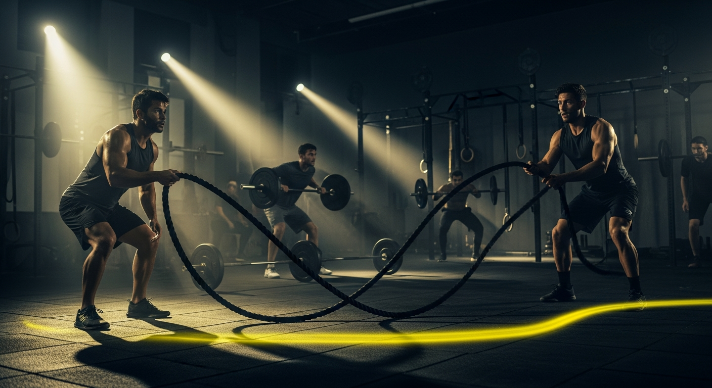 Athletes training at high intensity in a dark gym with electric yellow lighting