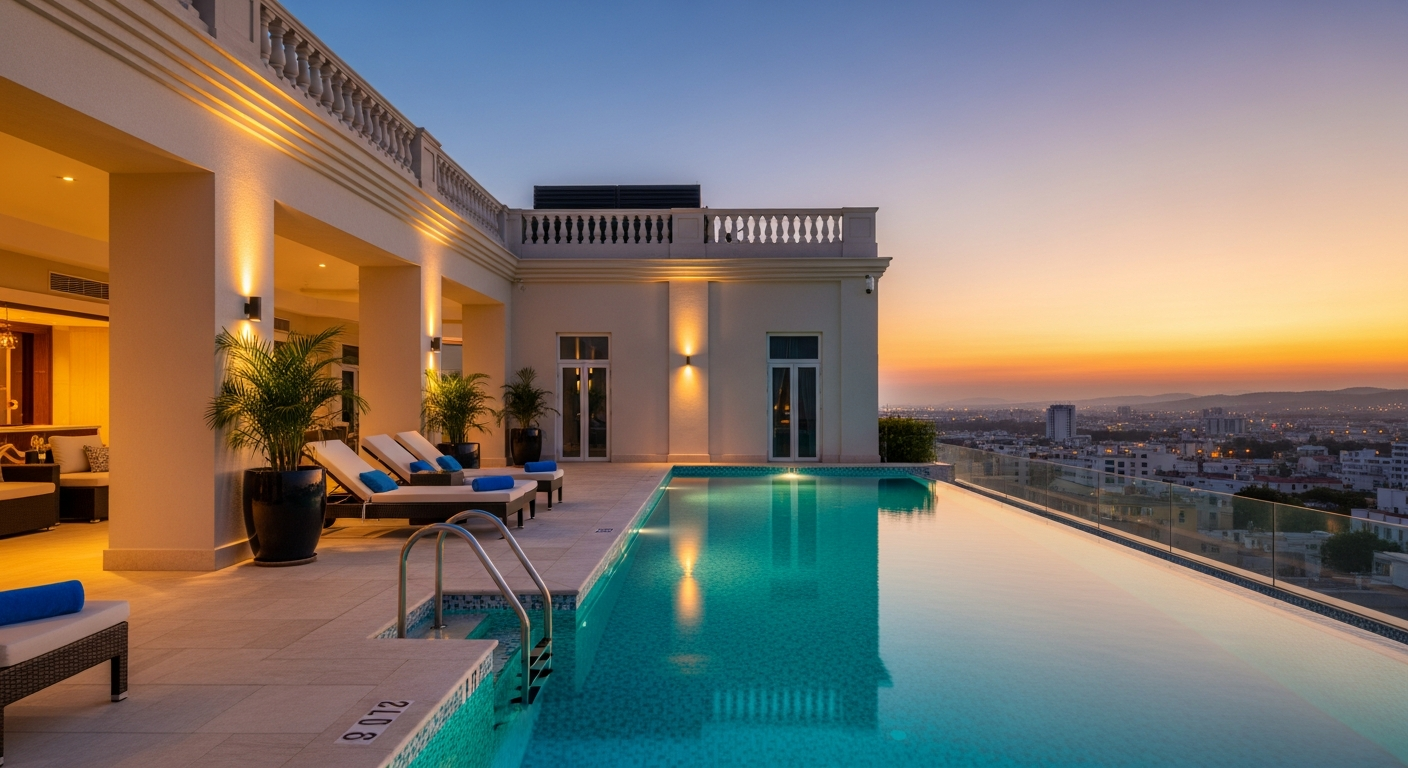 LUMERA hotel rooftop infinity pool at dusk