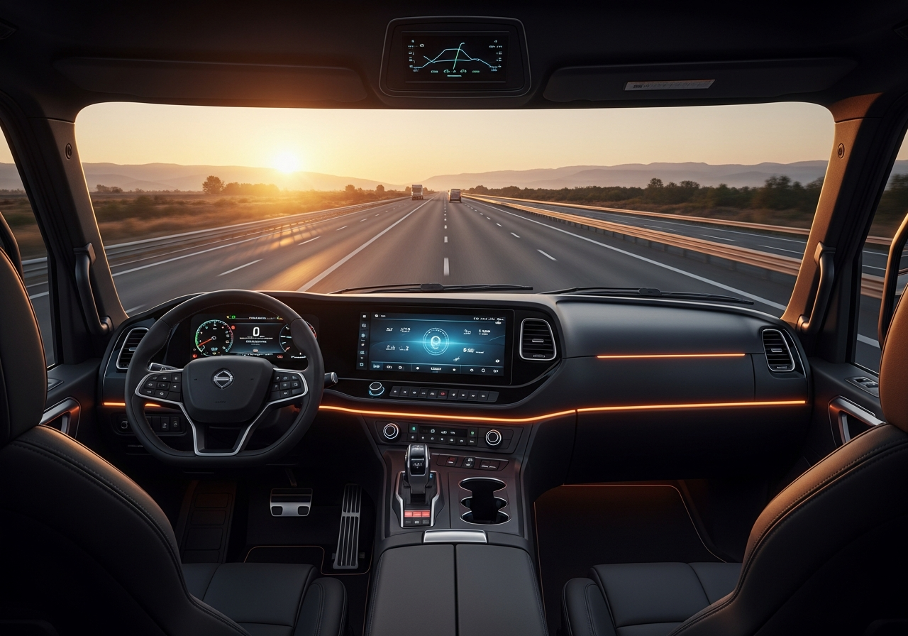 Futuristic heavy vehicle cockpit with panoramic motorway view at sunrise
