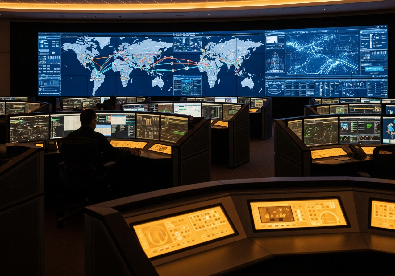 Dark logistics command center with route maps and shipment telemetry on illuminated screens
