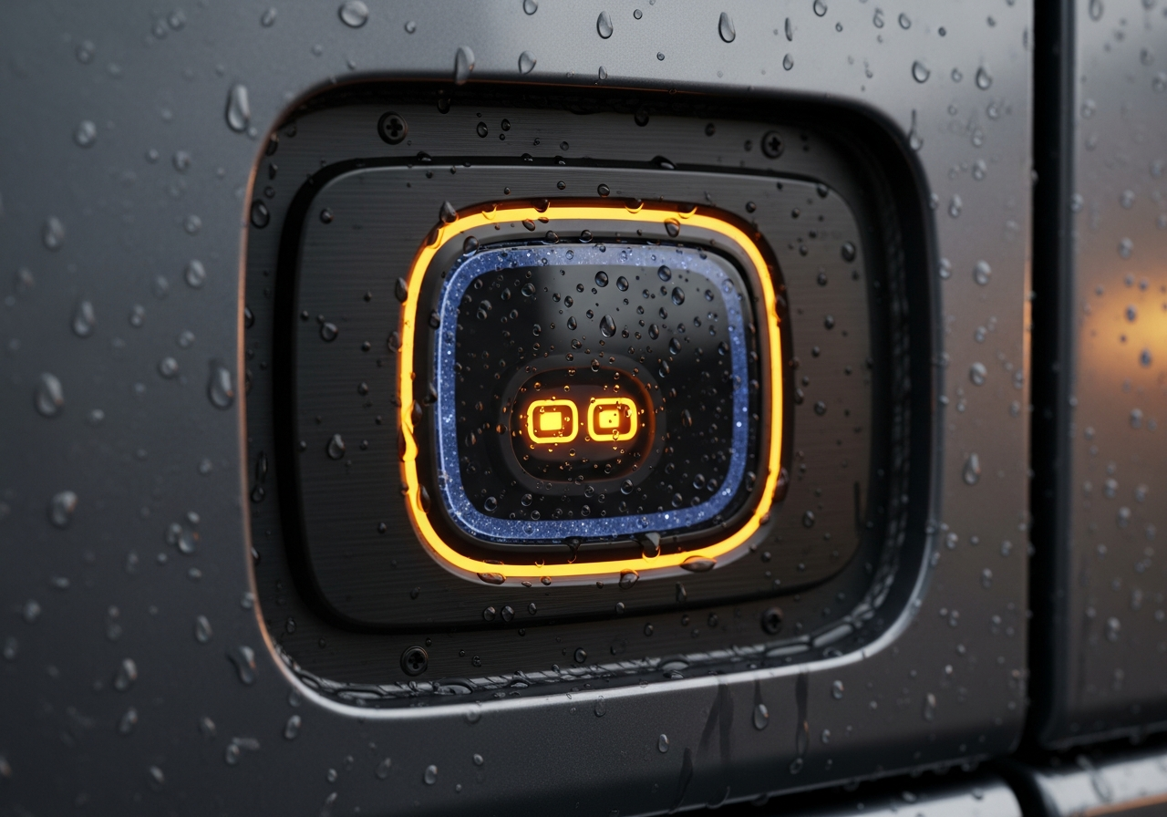 Close-up of a premium electric truck charging interface with machined metal surfaces and amber lights