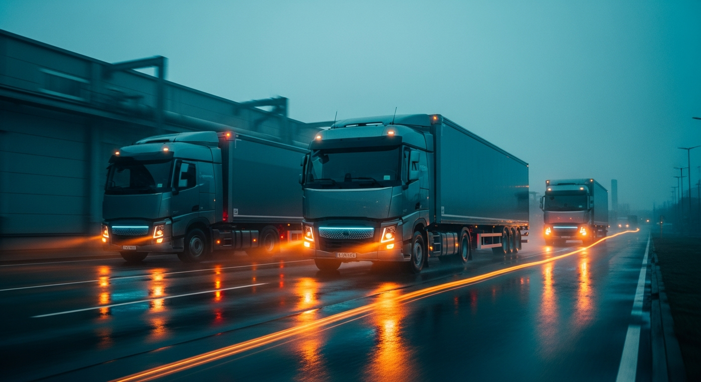 Premium electric freight convoy moving through a wet industrial corridor at blue hour