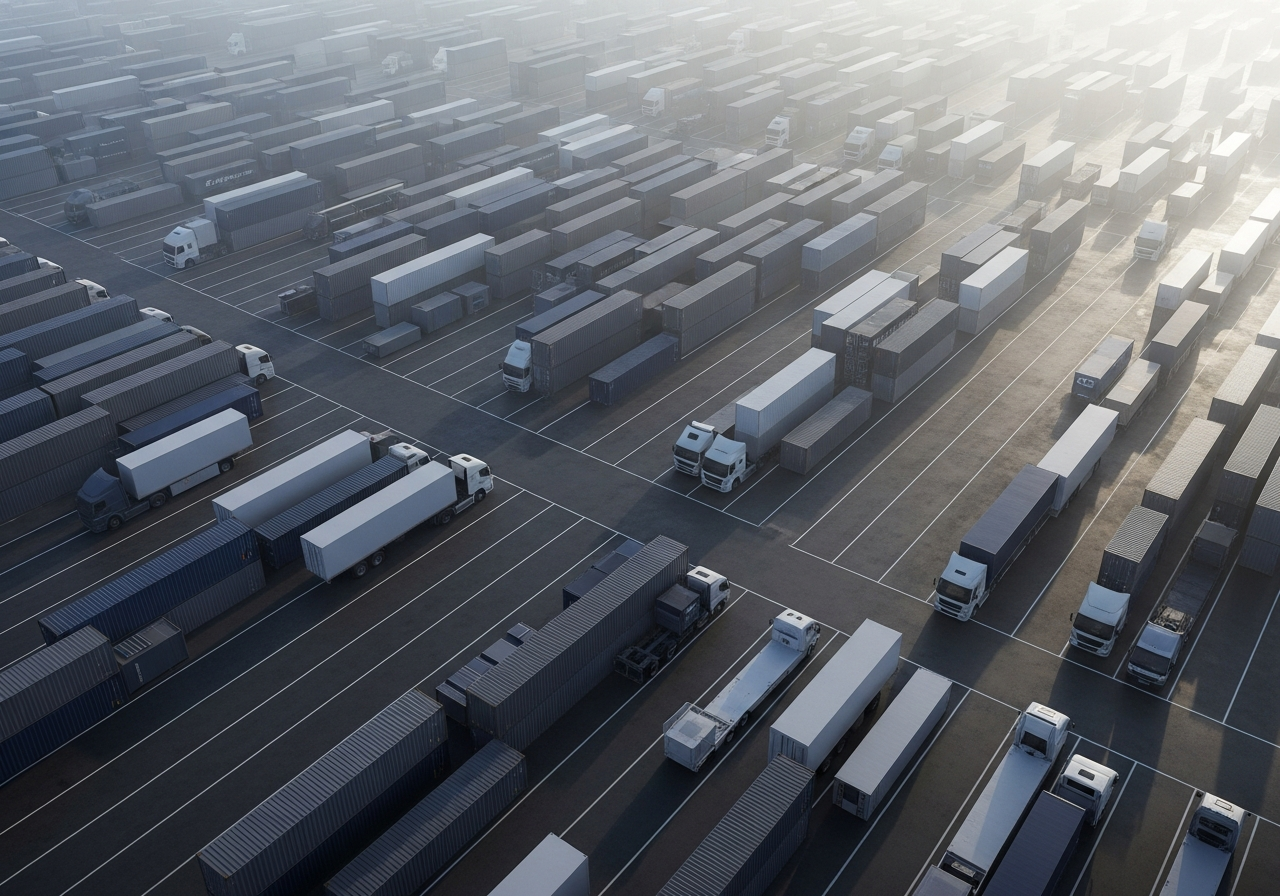 Aerial view of an organised freight yard with electric trucks and containers in precise lanes
