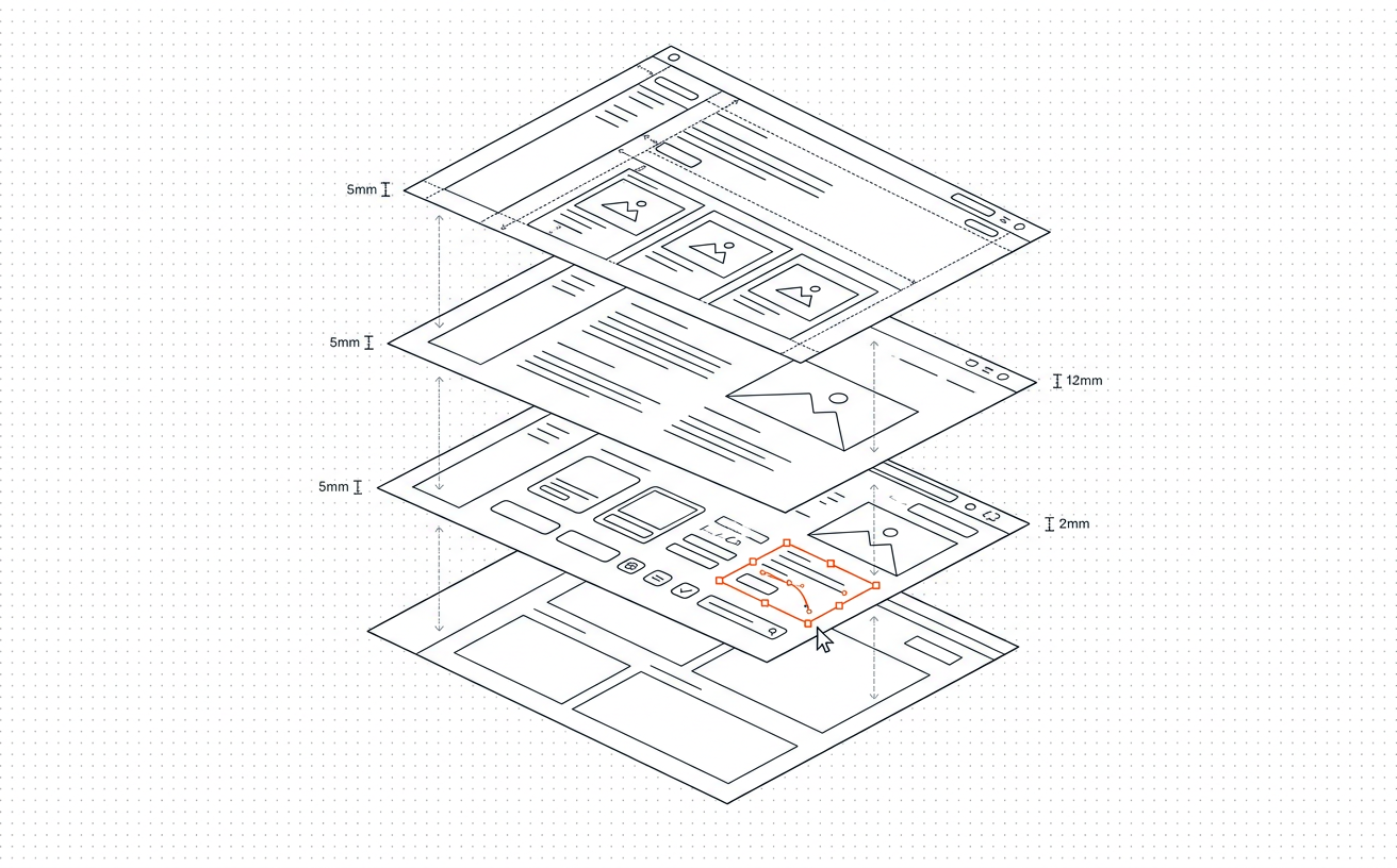 Exploded line illustration of an interface separated into wireframe, component and UI layers