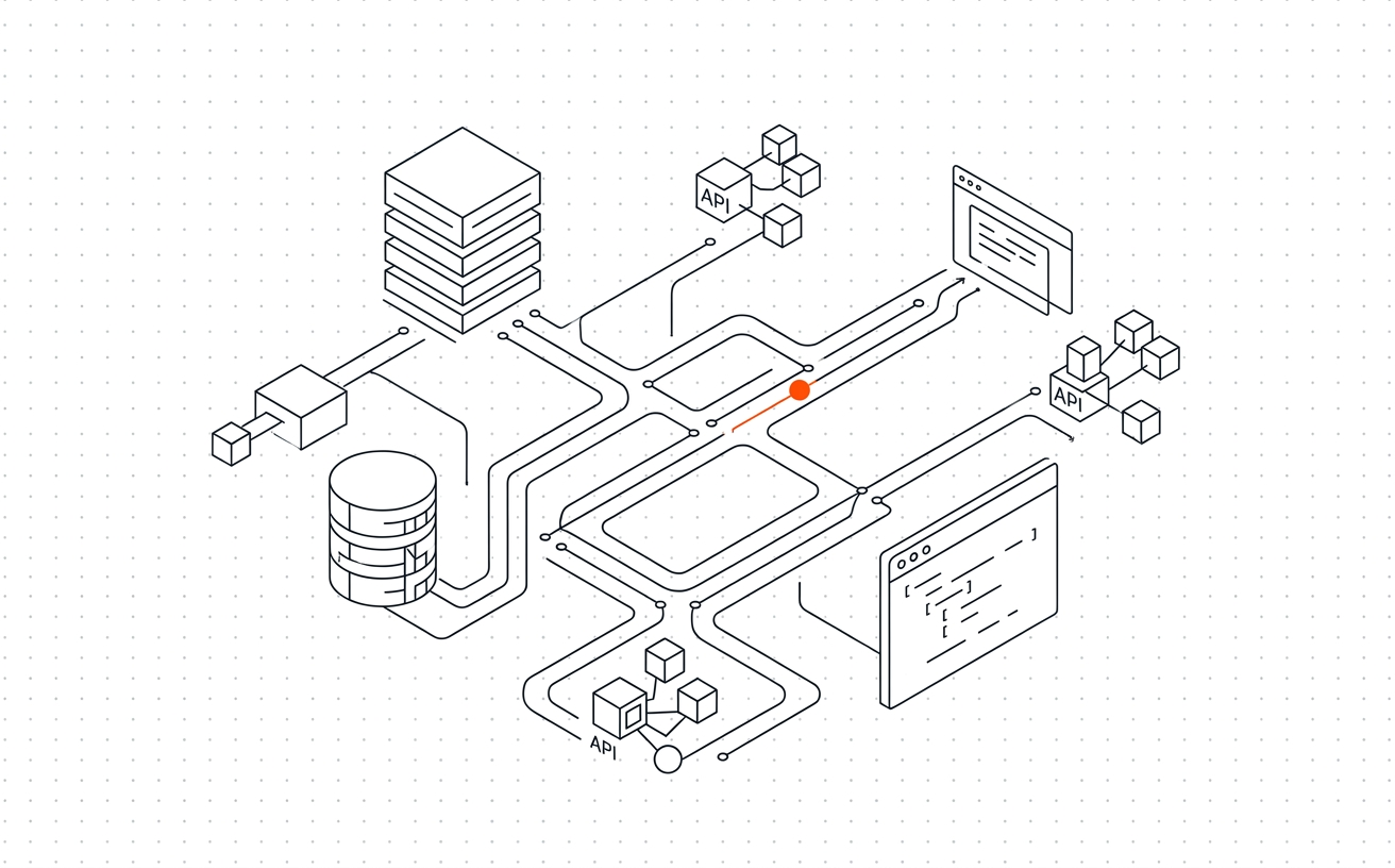 Schematic illustration of servers, database and APIs connected by circuit lines