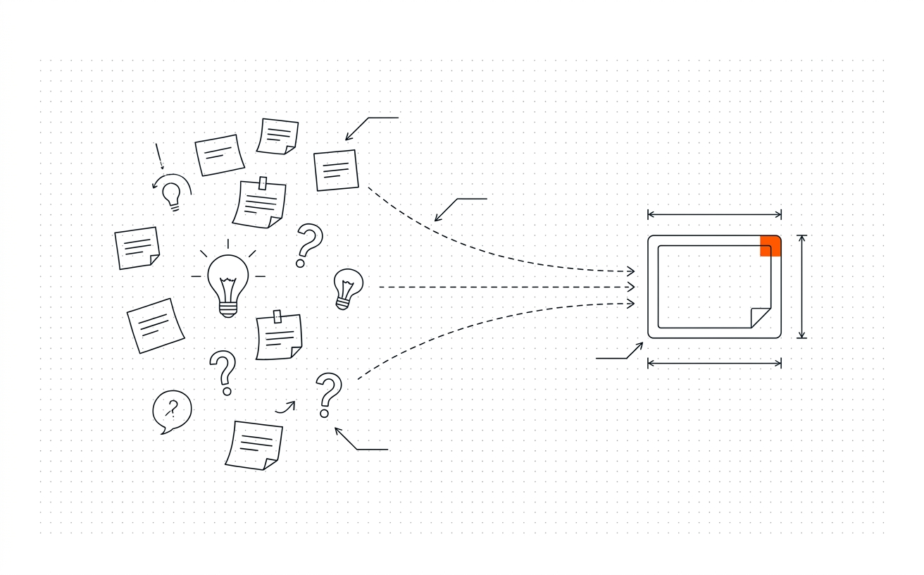 Line illustration of scattered idea sketches converging into one validated concept